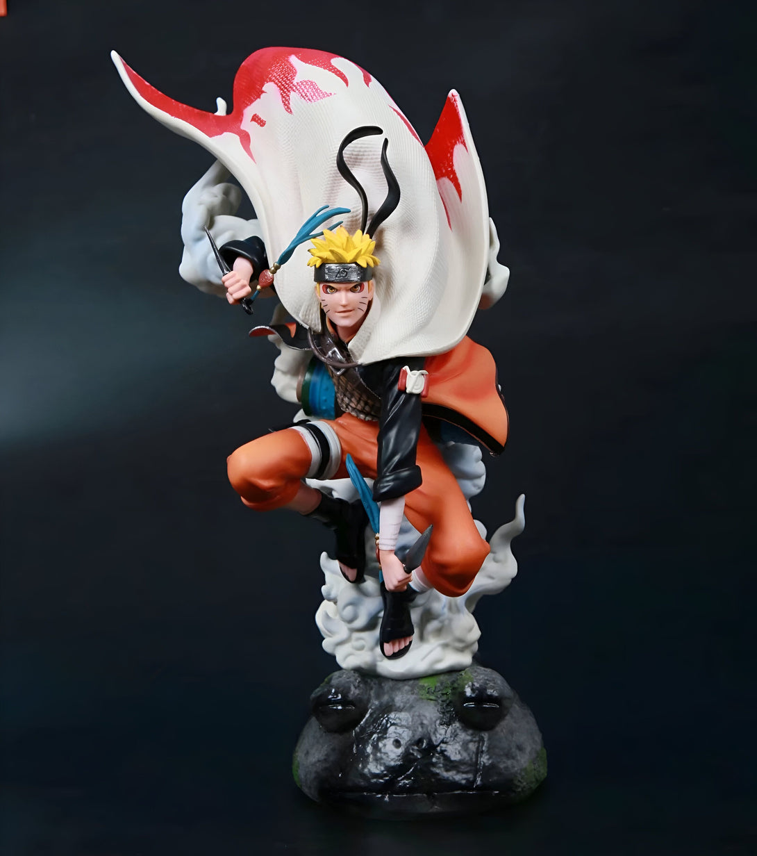 Naruto Uzumaki, personnage principal de l'anime Naruto, dans sa tenue de Hokage, tenant une épée et debout sur un rocher.