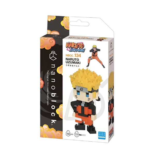Boîte de construction Nanoblock représentant Naruto Uzumaki de la série animée Naruto. Le personnage est représenté en version chibi et est composé de 180 pièces.
