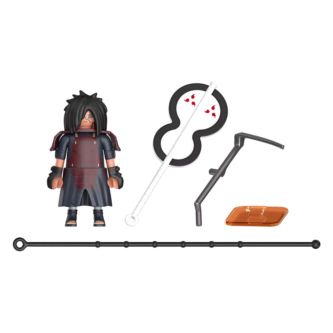 Figurines de collection Naruto de Pain avec ses accessoires, incluant un bâton, un support et une plaque transparente pour l'afficher.