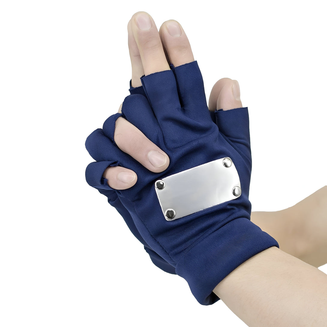 Gants bleus de style Naruto avec une plaque en métal argentée sur le dos de la main. Parfaits pour les fans de Naruto !