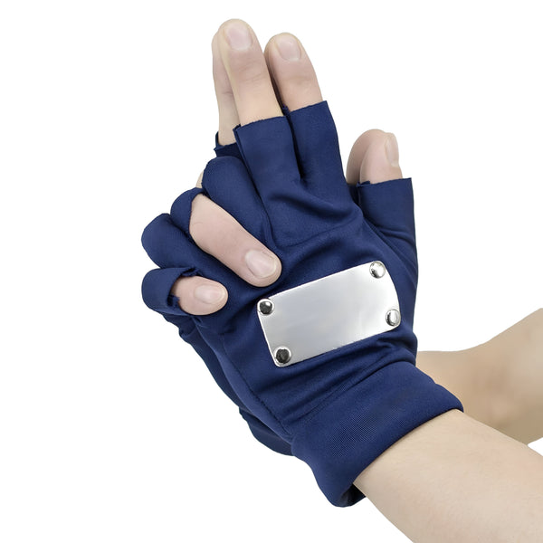 Gants bleus de style Naruto avec une plaque en métal argentée sur le dos de la main. Parfaits pour les fans de Naruto !