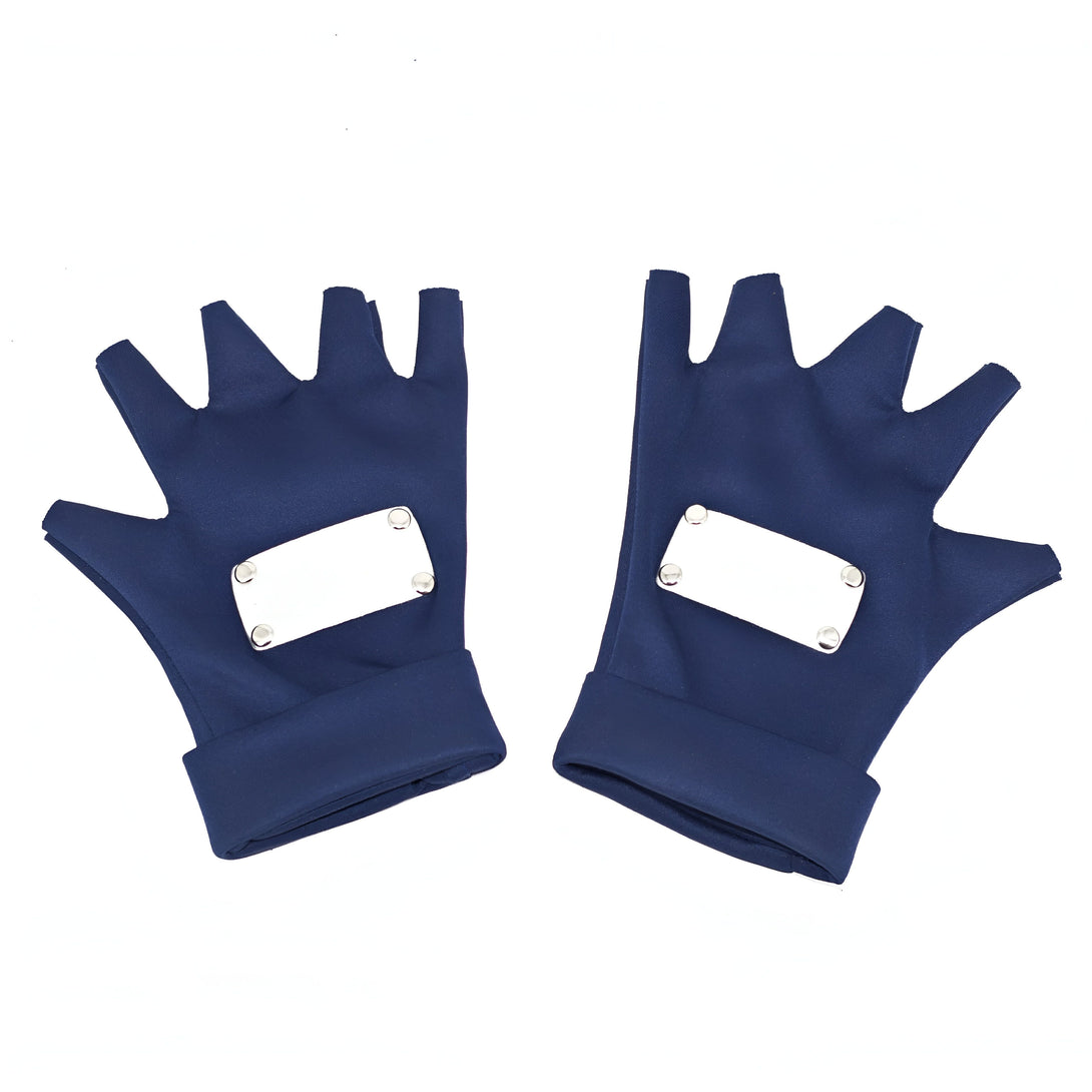 Une paire de gants bleus foncés à doigts coupés avec un emblème blanc sur chaque main, parfaits pour les fans de Naruto.