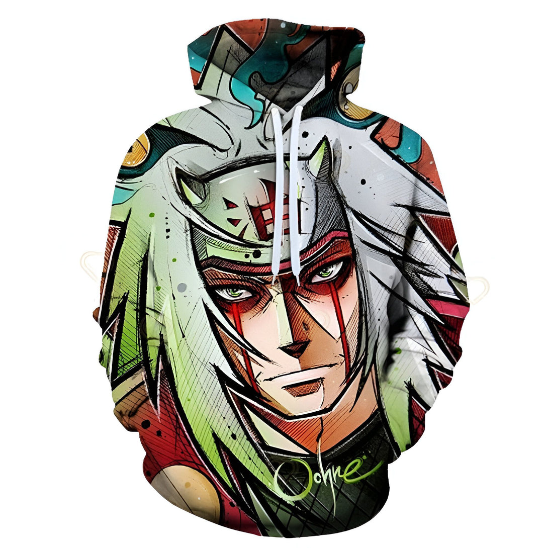 Sweat à capuche Naruto avec un imprimé du personnage Pain en style graffiti. Le sweat est de couleur rouge, verte et blanche.