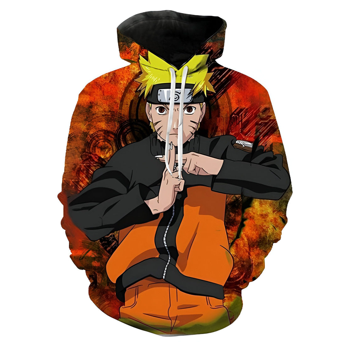 Sweat à capuche Naruto avec un imprimé de Naruto Uzumaki dans une pose de combat sur un fond rouge et noir.