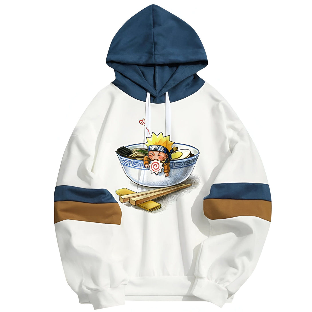 Sweat à capuche blanc avec un imprimé de Naruto dans un bol de ramen. Le sweat à capuche a des bandes bleues et brunes sur les manches.