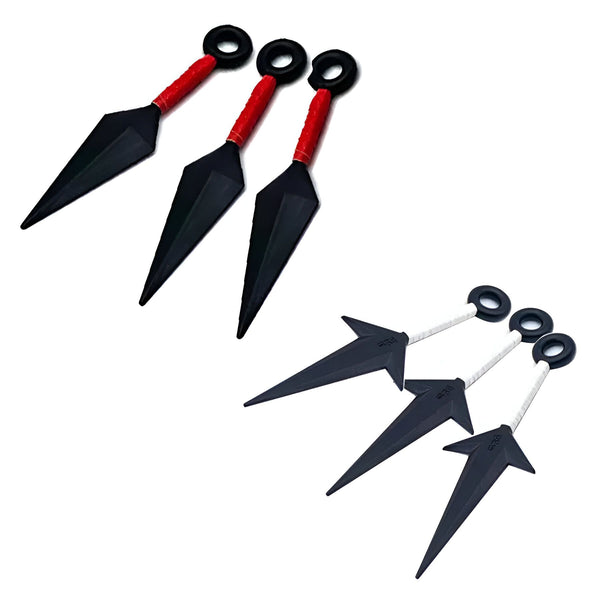 Ensemble de 6 kunais en plastique noir, accessoires de cosplay Naruto. Trois kunais avec un anneau rouge et trois avec un anneau blanc. Idéal pour les fans de Naruto.