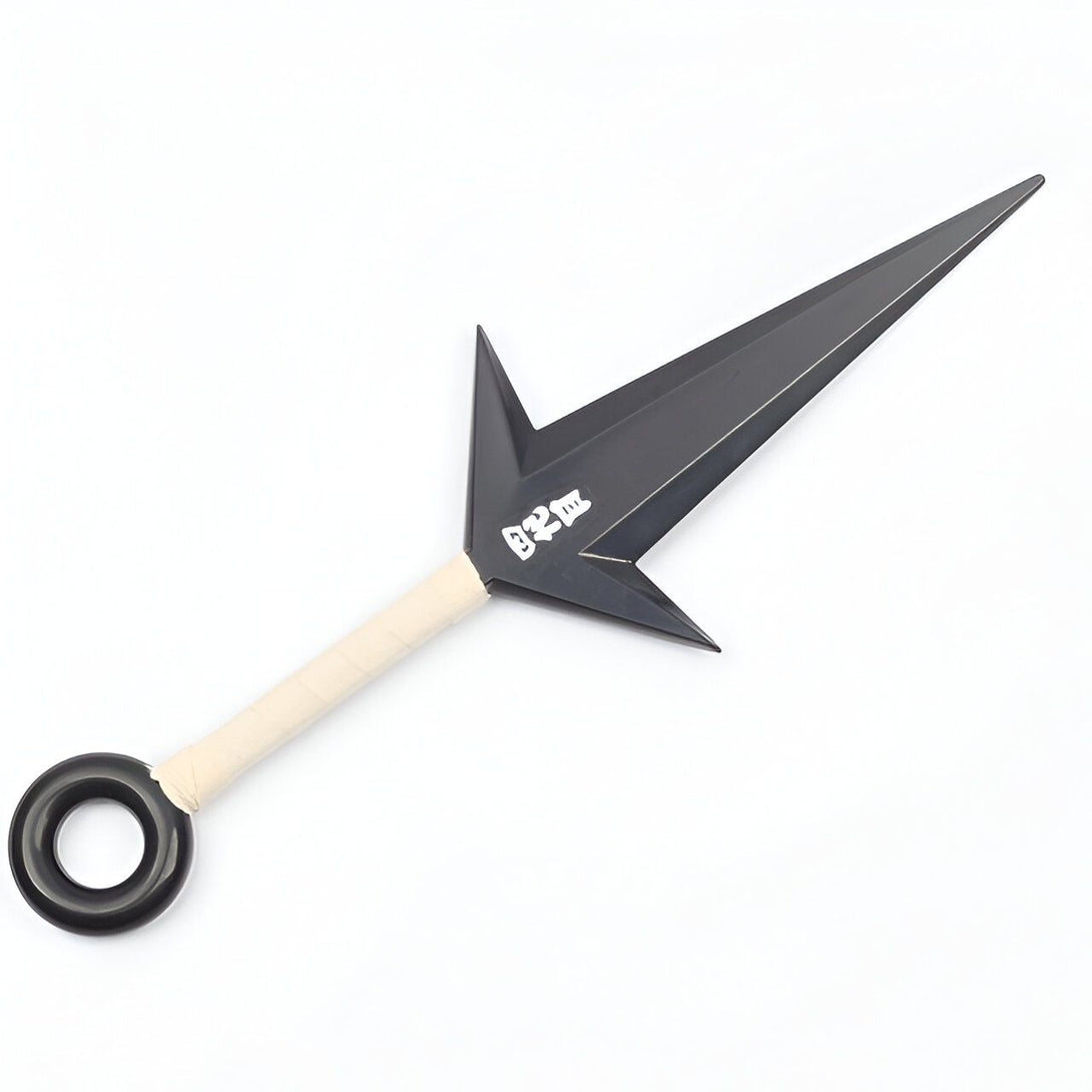 Kunai de Naruto en métal noir avec une poignée en corde blanche.