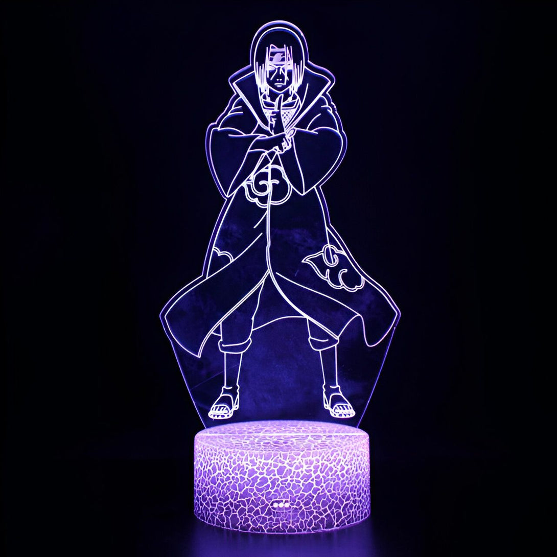 Lampe LED 3D représentant Pain, un personnage emblématique de l'anime Naruto, dans sa tenue caractéristique de l'Akatsuki. La lampe est en acrylique transparent et diffuse une lumière violette.