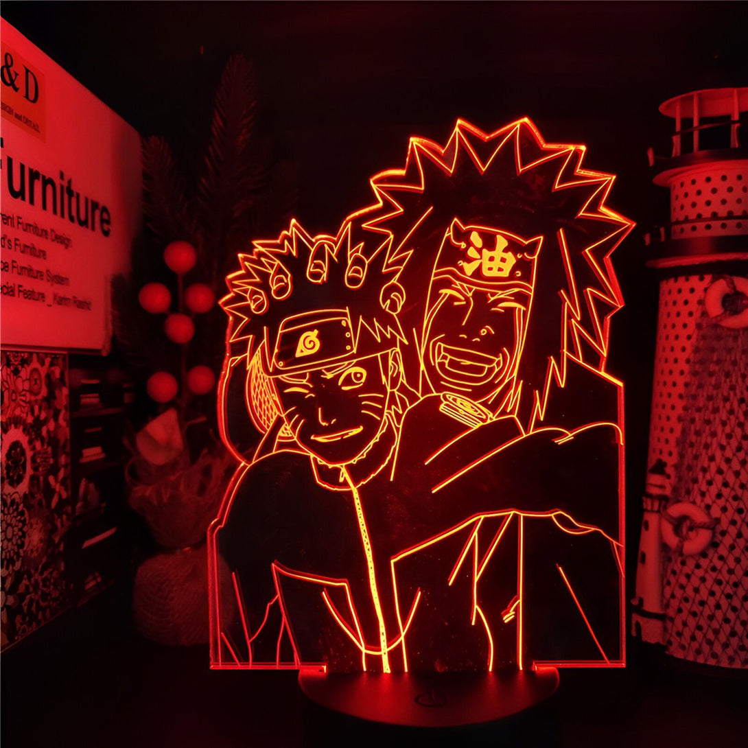 Lampe de chevet à LED avec une image de Naruto et Jiraya du manga Naruto. La lampe est allumée et projette une lumière rouge sur le mur.