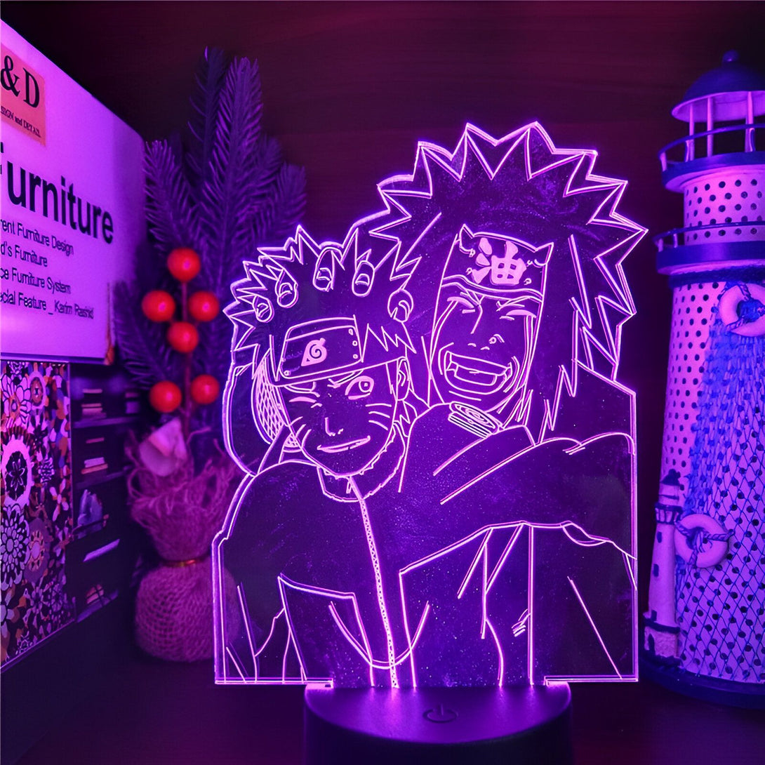 Lampe à LED représentant Naruto et Jiraiya de l'anime Naruto, éclairée en violet.