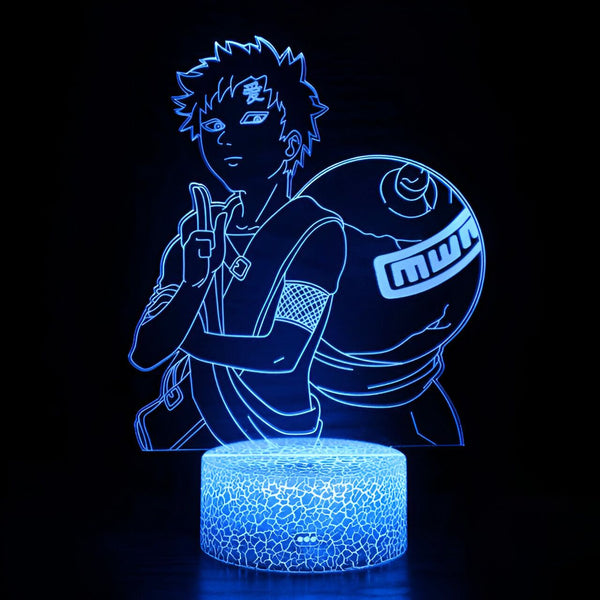 Lampe à LED 3D représentant le personnage de Naruto,  Deidara, tenant sa célèbre bombe d'argile. La lampe est allumée et éclaire le personnage en bleu.
