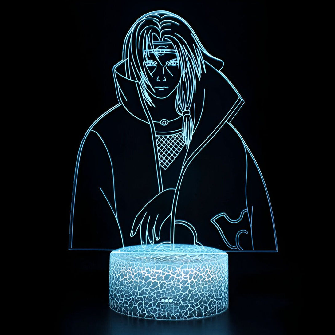 Lampe à LED représentant le personnage de Pain, un personnage emblématique de l'anime Naruto. La lampe est faite d'un matériau transparent et la lumière bleue qui émane de l'intérieur permet de voir le personnage en 3D.