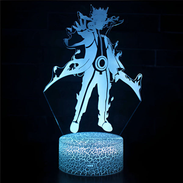Lampe à LED en forme de Naruto Uzumaki, le personnage principal de l'anime Naruto. La lampe est en acrylique et représente Naruto dans une pose dynamique, avec ses bras levés et sa cape flottant derrière lui. La base de la lampe est en bois et est décorée de motifs inspirés de l'univers de Naruto.