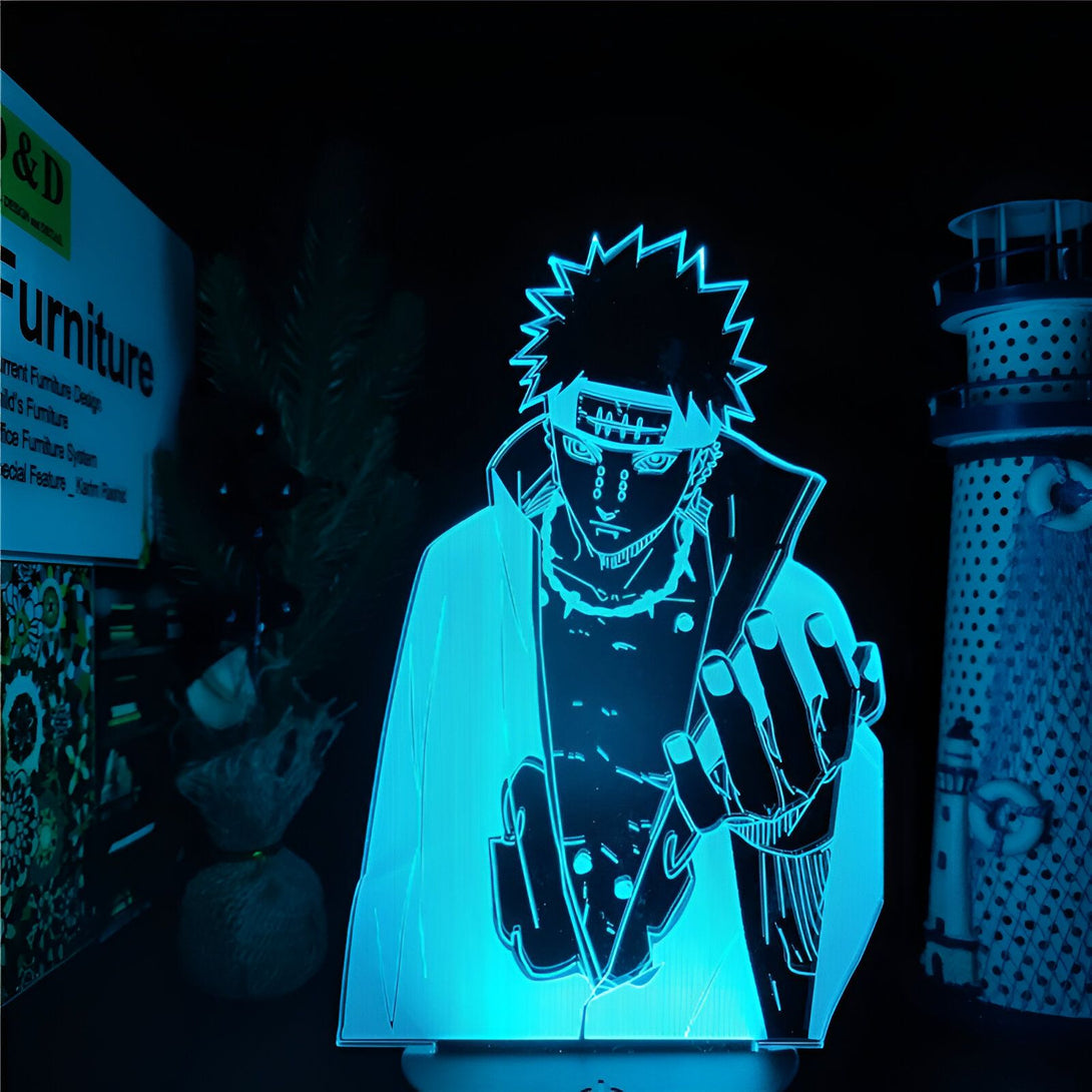 Lampe LED 3D de Pain, personnage de l'anime Naruto, avec un design lumineux bleu.