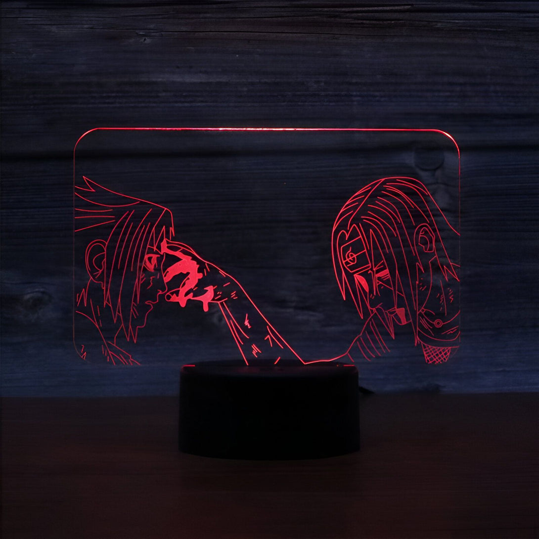 Lampe LED Naruto représentant Sasuke et Itachi, les personnages de l'anime Naruto, dans une scène emblématique. La lumière rouge crée une ambiance mystérieuse et rappelle l'intensité de leur relation. Un cadeau parfait pour les fans de Naruto !