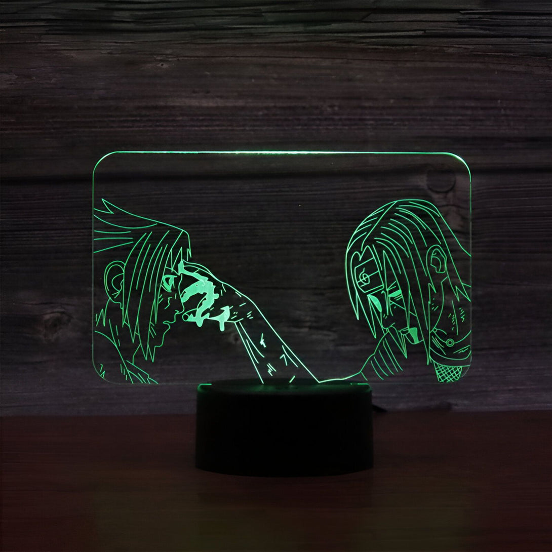 Lampe 3D à LED représentant les personnages de Naruto, Sasuke et Itachi, en train de se regarder.  La lampe est verte et a un design élégant.