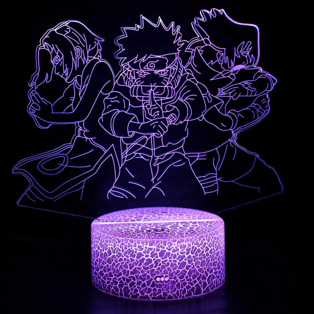 Lampe de chevet Naruto avec les personnages de Naruto, Sasuke et Sakura en lumière violette.