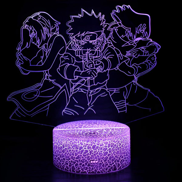 Lampe de chevet Naruto avec les personnages de Naruto, Sasuke et Sakura en lumière violette.