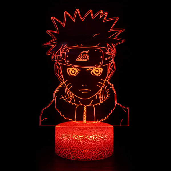 Lampe LED 3D représentant Naruto Uzumaki, un personnage de l'anime Naruto, avec son bandeau frontal et sa tenue. La lumière rouge éclaire le personnage et crée un effet de contour. Cette lampe est un cadeau parfait pour les fans de Naruto.