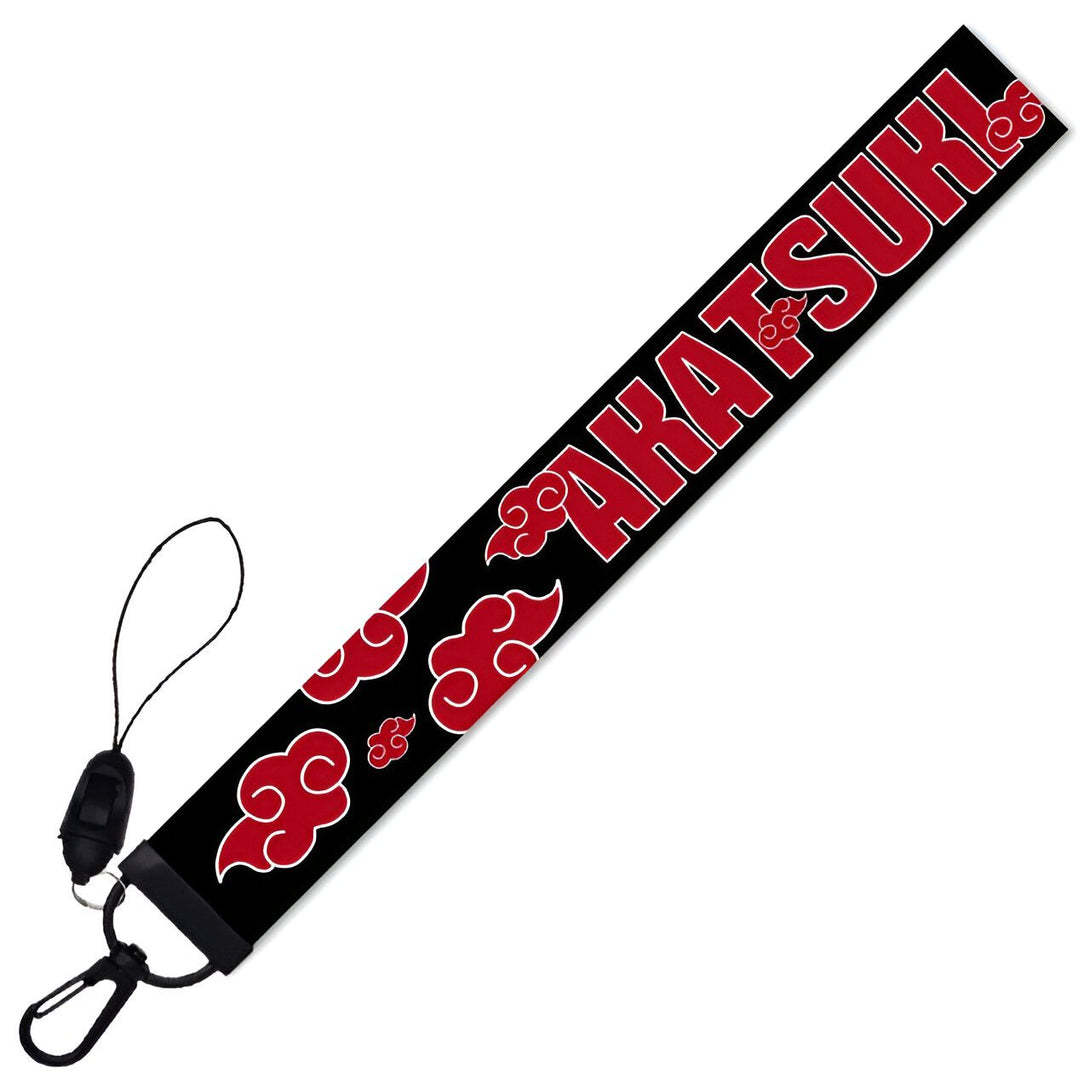 Lanière noire avec le logo "Akatsuki" en rouge et des nuages rouges.  Parfait pour les fans de Naruto !