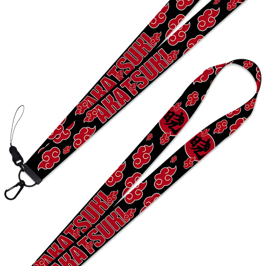 Lanière noire avec le logo Akatsuki, des nuages rouges et le kanji "Akatsuki". Parfait pour les fans de Naruto !