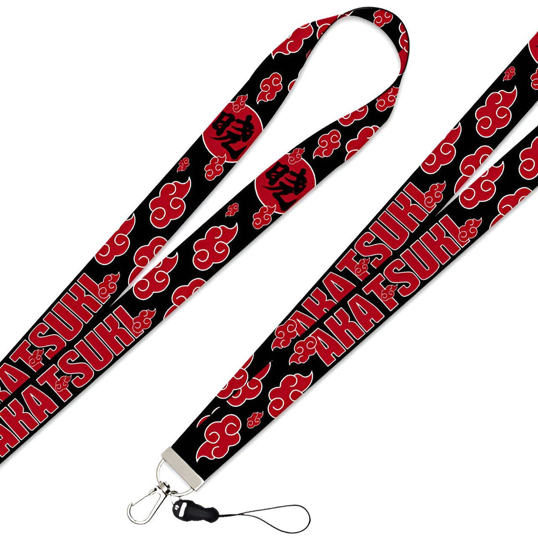 Lanière noire avec des nuages rouges et le texte "Akatsuki" en rouge. Idéal pour les fans de Naruto.