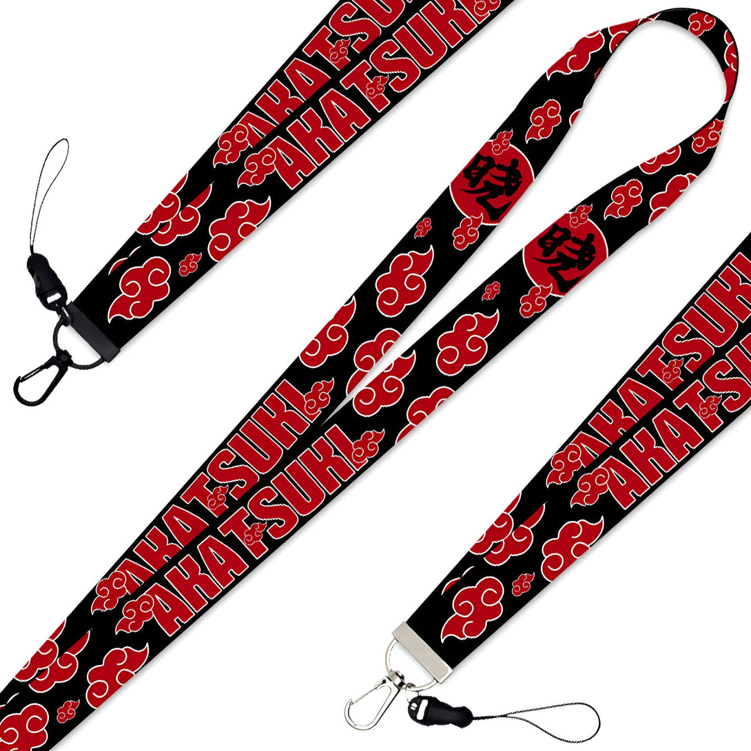 Lanière noire avec des nuages ​​rouges et le mot "Naruto" en rouge, un accessoire idéal pour les fans de l'anime Naruto.