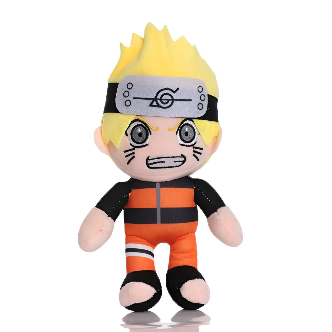 Peluche Naruto en position debout, portant sa tenue orange et noire emblématique avec le symbole de son clan sur le front.