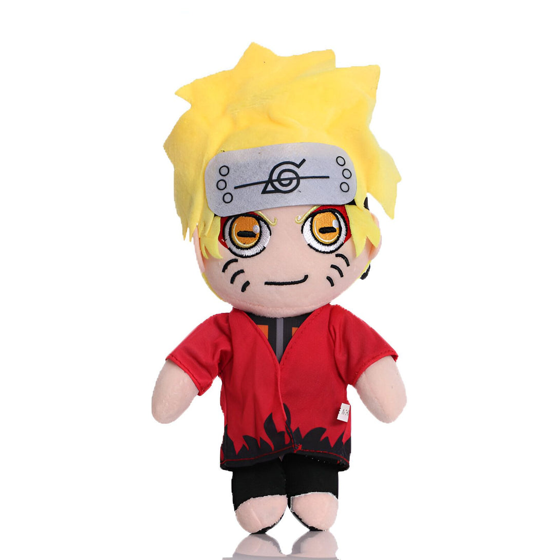 Peluche Naruto Uzumaki, portant son emblématique bandeau avec le symbole de Konohagakure, vêtu de son kimono rouge et noir.  Un cadeau idéal pour les fans de l'anime Naruto.