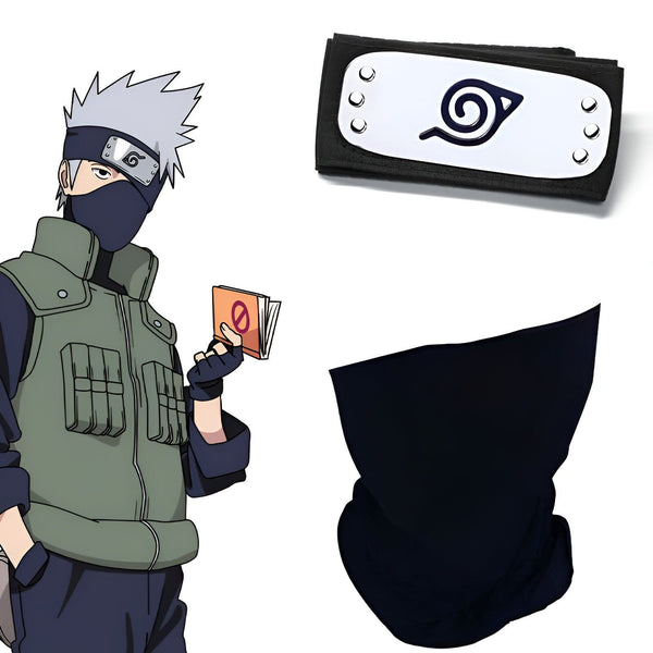 Naruto, le célèbre ninja de Konoha, avec son bandeau frontal arborant le symbole de son village, tenant un livre et portant un masque noir et une veste verte.  Un bandana noir et un bandeau frontal supplémentaire sont inclus dans l'image.