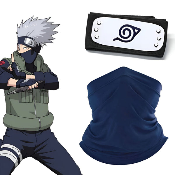 Costume Naruto Kakashi Hatake avec bandeau frontal, masque et tour de cou bleu.