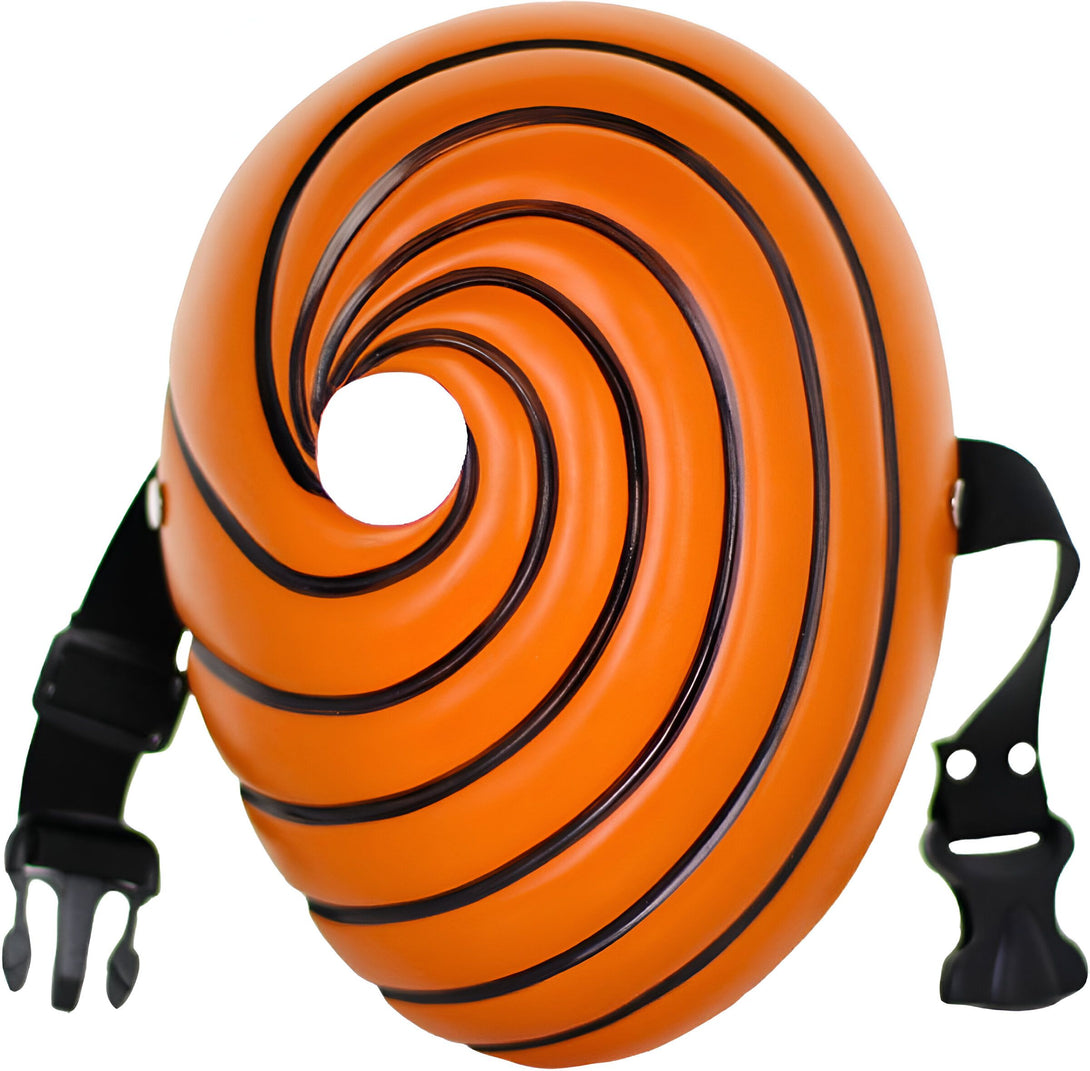 Masque d'Obito Uchiha de Naruto, avec un motif de Sharingan en orange et noir, avec une sangle noire ajustable.