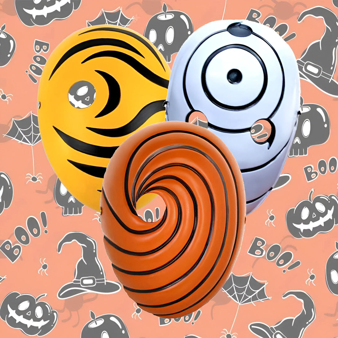 Trois masques Naruto : un jaune avec un motif de foudre, un blanc avec un symbole d'œil et un orange avec un motif en spirale. Les masques sont sur un fond orange avec des citrouilles et des araignées.