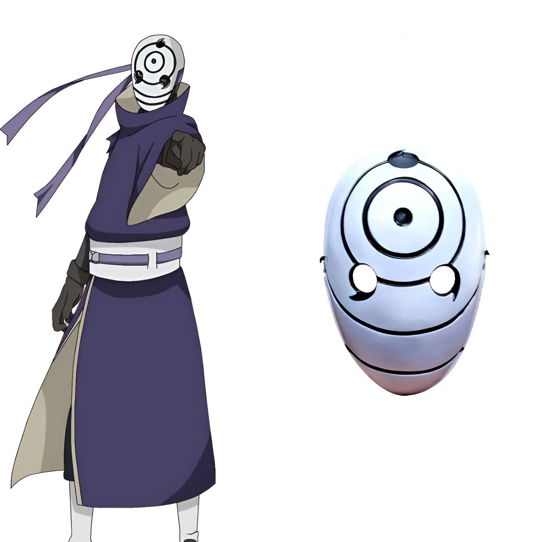 Masque de Pain, personnage de l'anime Naruto, avec son design unique et ses motifs circulaires. Le masque est présenté seul et sur un personnage portant une tenue violette.