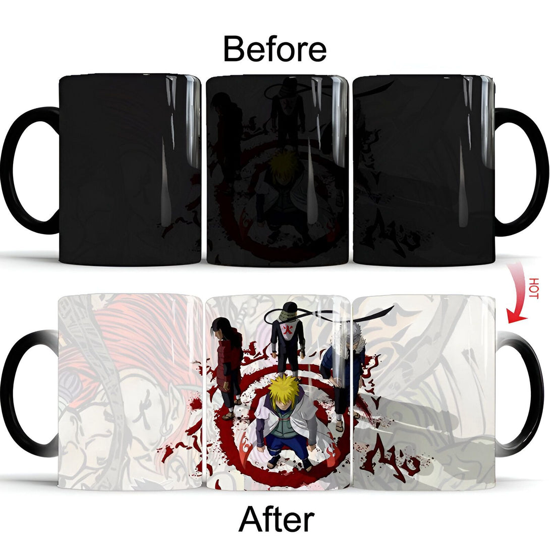 Tasse magique Naruto : Noir à froid, révélant une image de Naruto et ses amis autour d'un cercle rouge lorsqu'elle est remplie de boisson chaude.