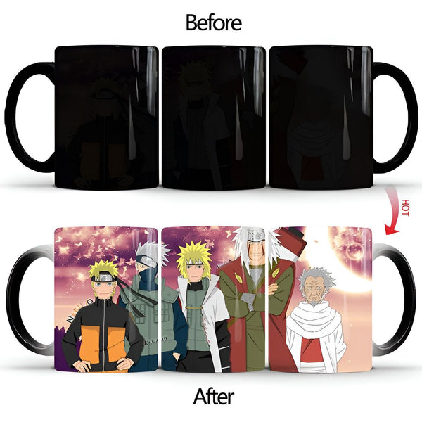 Une tasse à changement de couleur avec un design noir qui révèle une image des personnages de Naruto, comme Naruto, Kakashi, Jiraiya et Minato, lorsqu'elle est remplie d'une boisson chaude.