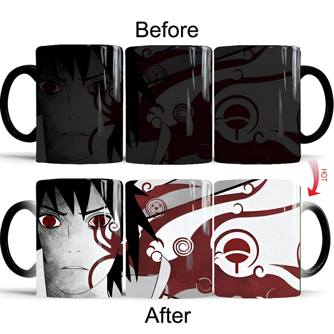 Mug magique Naruto avec l'image de Sasuke Uchiha. La tasse est noire avant que l'eau chaude ne soit ajoutée. Une fois que l'eau chaude est ajoutée, l'image de Sasuke Uchiha avec son Sharingan apparaît.  La tasse est un cadeau idéal pour les fans de Naruto.