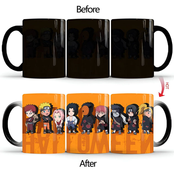 Tasse à changement de couleur avec un design Naruto. La tasse est noire lorsqu'elle est froide et révèle un design d'Halloween avec des personnages Naruto lorsque la tasse est remplie d'une boisson chaude.