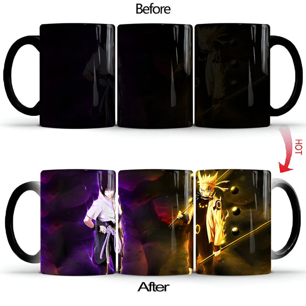 Tasse à changement de couleur Naruto. La tasse est noire lorsqu'elle est froide et révèle une image de Naruto et Sasuke lorsqu'elle est remplie d'une boisson chaude.