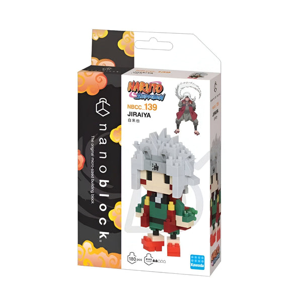 Boîte de construction Nanoblock représentant le personnage de Jiraiya de la série Naruto Shippuden. Le personnage est représenté en figurine 3D avec ses couleurs et son design caractéristiques.  La boîte contient 180 pièces.