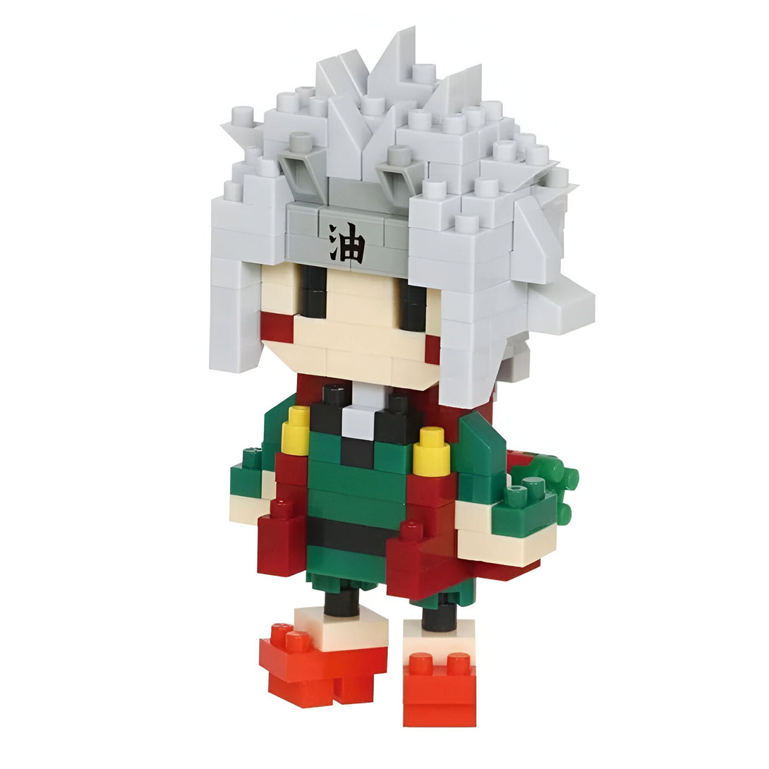 Figurines en blocs de construction de Jiraiya de Naruto, avec des cheveux blancs, une tenue verte, des sandales rouges et un bandeau frontal avec le kanji "huile".