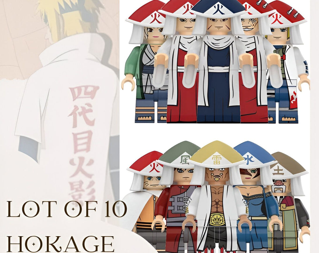 Lot de 10 figurines de Hokage Naruto en version Lego. Les figurines représentent les sept Hokage de Konoha,  dont Hashirama Senju, Tobirama Senju, Hiruzen Sarutobi, Minato Namikaze, Tsunade, Kakashi Hatake et Naruto Uzumaki.
