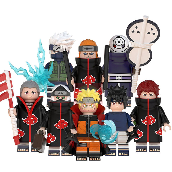 Ensemble de figurines LEGO Naruto, comprenant les personnages de Kakashi, Pain, Naruto, Sasuke, Itachi, Obito et Madara.  Ces figurines sont parfaites pour les fans de la série Naruto.