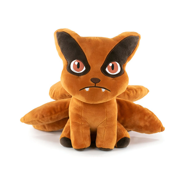 Peluche Kurama, le renard à neuf queues de l'anime Naruto, avec des yeux rouges menaçants et une fourrure orange.