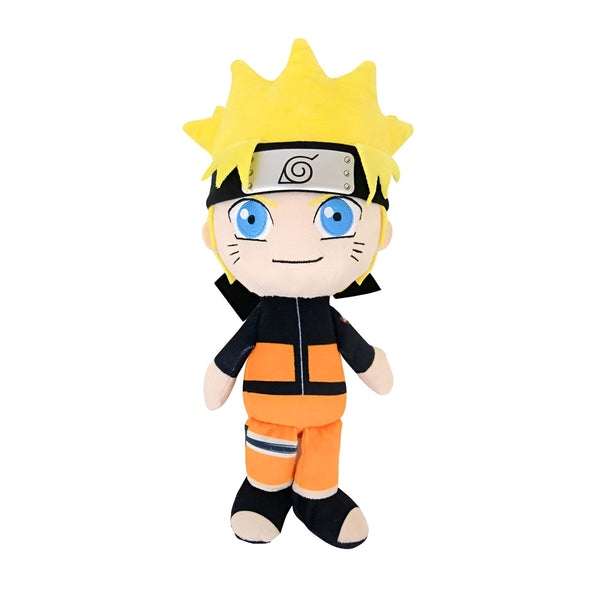 Peluche Naruto Uzumaki, un personnage populaire de l'anime Naruto, portant sa tenue orange emblématique et son bandeau frontal avec le symbole du village de Konoha.