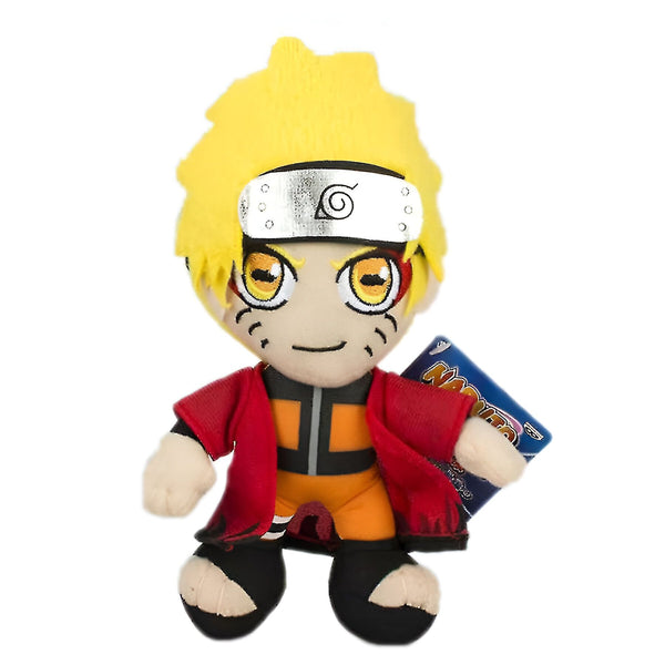 Peluche Naruto Uzumaki en tenue rouge et orange avec bandeau frontal, tenant un objet bleu et blanc.