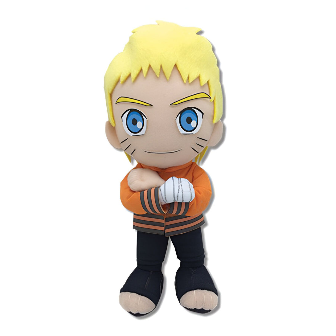 Peluche de Naruto Uzumaki, le héros de l'anime Naruto, debout avec les bras croisés.  Il porte son costume orange emblématique et a ses cheveux blonds distinctifs.  C'est un cadeau idéal pour les fans de l'anime.