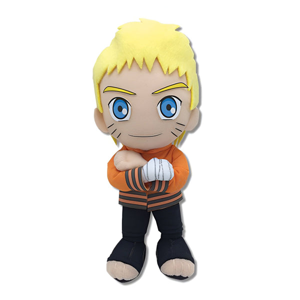 Peluche de Naruto Uzumaki, le héros de l'anime Naruto, debout avec les bras croisés.  Il porte son costume orange emblématique et a ses cheveux blonds distinctifs.  C'est un cadeau idéal pour les fans de l'anime.