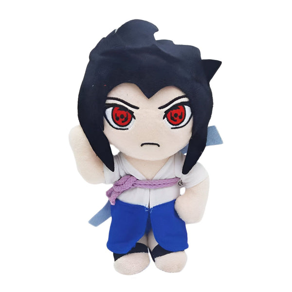 Peluche de Sasuke Uchiha, un personnage populaire de l'anime Naruto, portant sa tenue signature avec des yeux rouges Sharingan.  Parfait pour les fans de Naruto !