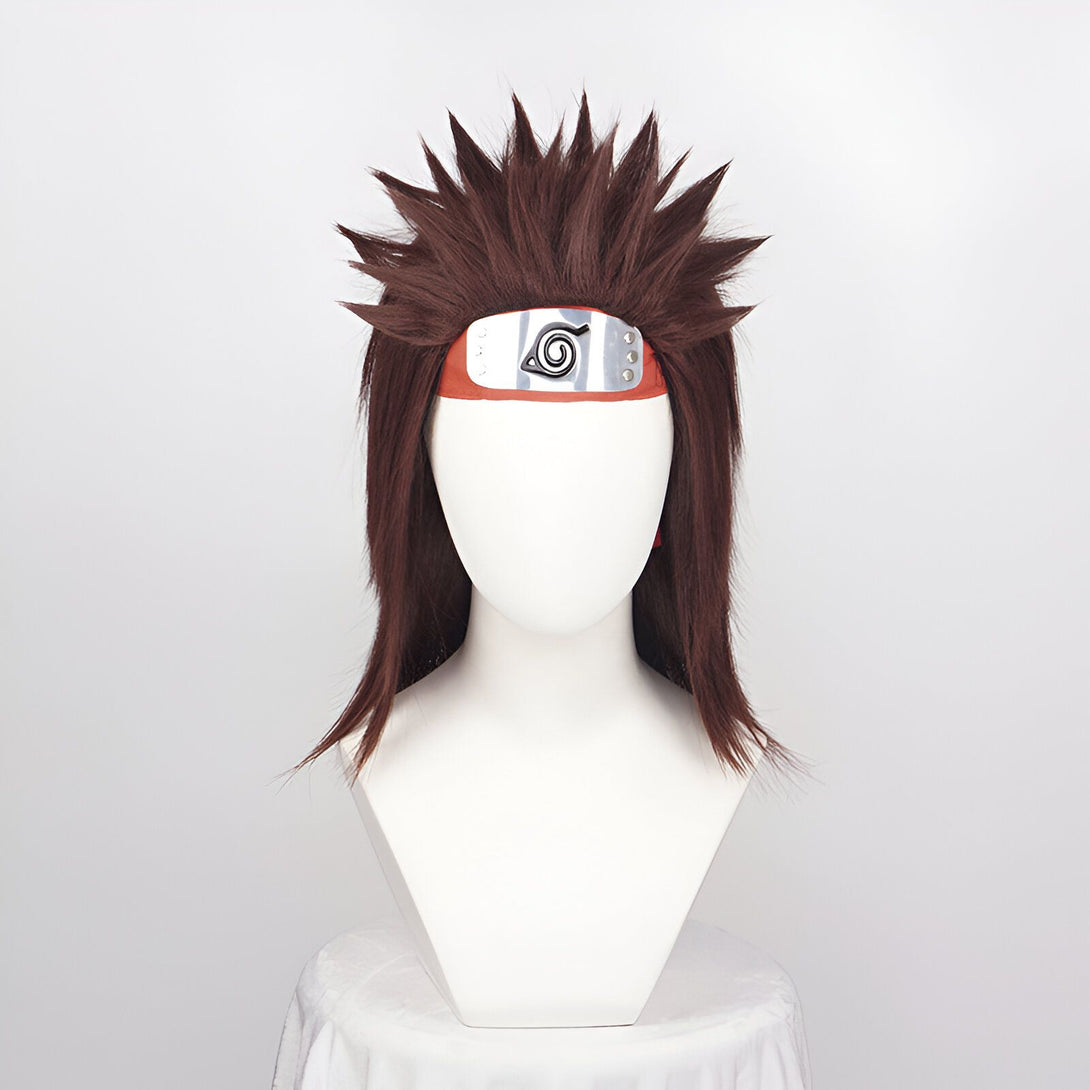 Perruque brune avec bandeau frontal rouge et symbole de Konohagakure. Accessoire de cosplay Naruto.